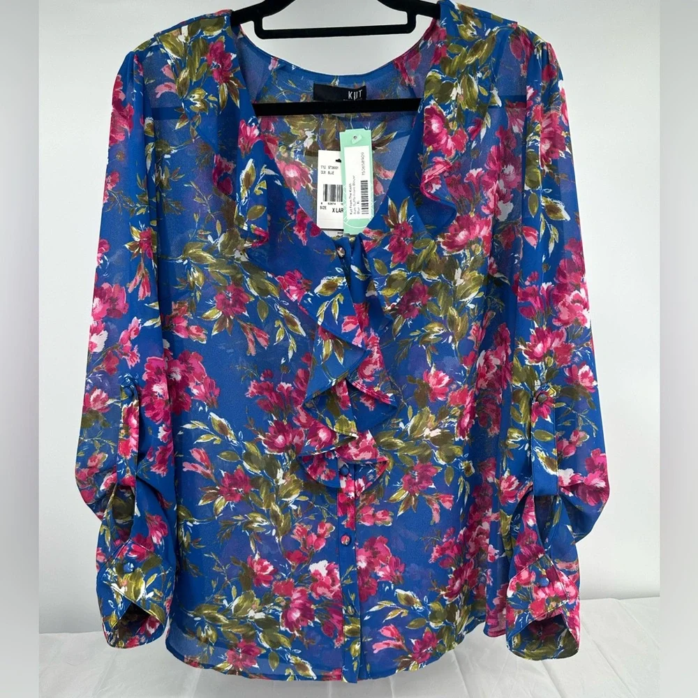 Kut From The Kloth Womens Size XL Blue Pink Floral Long Sleeve Ruffle Button Up - Picture 10 of 11